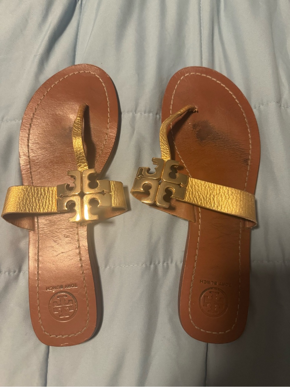 Tory Burch Gold Leather Logo Thong Sandals